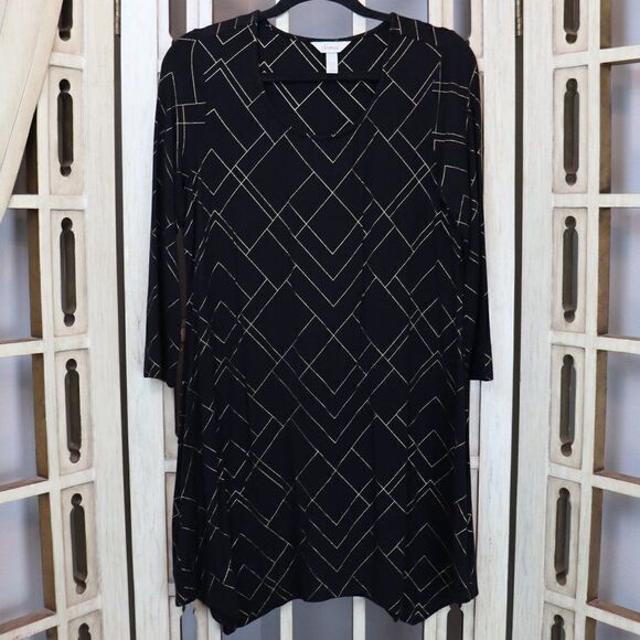 Soma Black and Gold Geometric Print Shift Dress - Picture 2 of 5